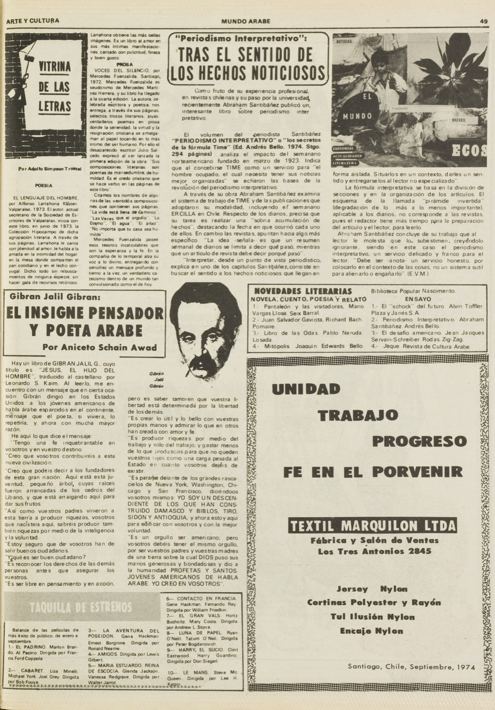 Aniceto Schain Awad, "Gibran Jalil Gibran: el insigne pensador y poeta arabe", Mundo Árabe, Oct 1, 1974, p. 49.